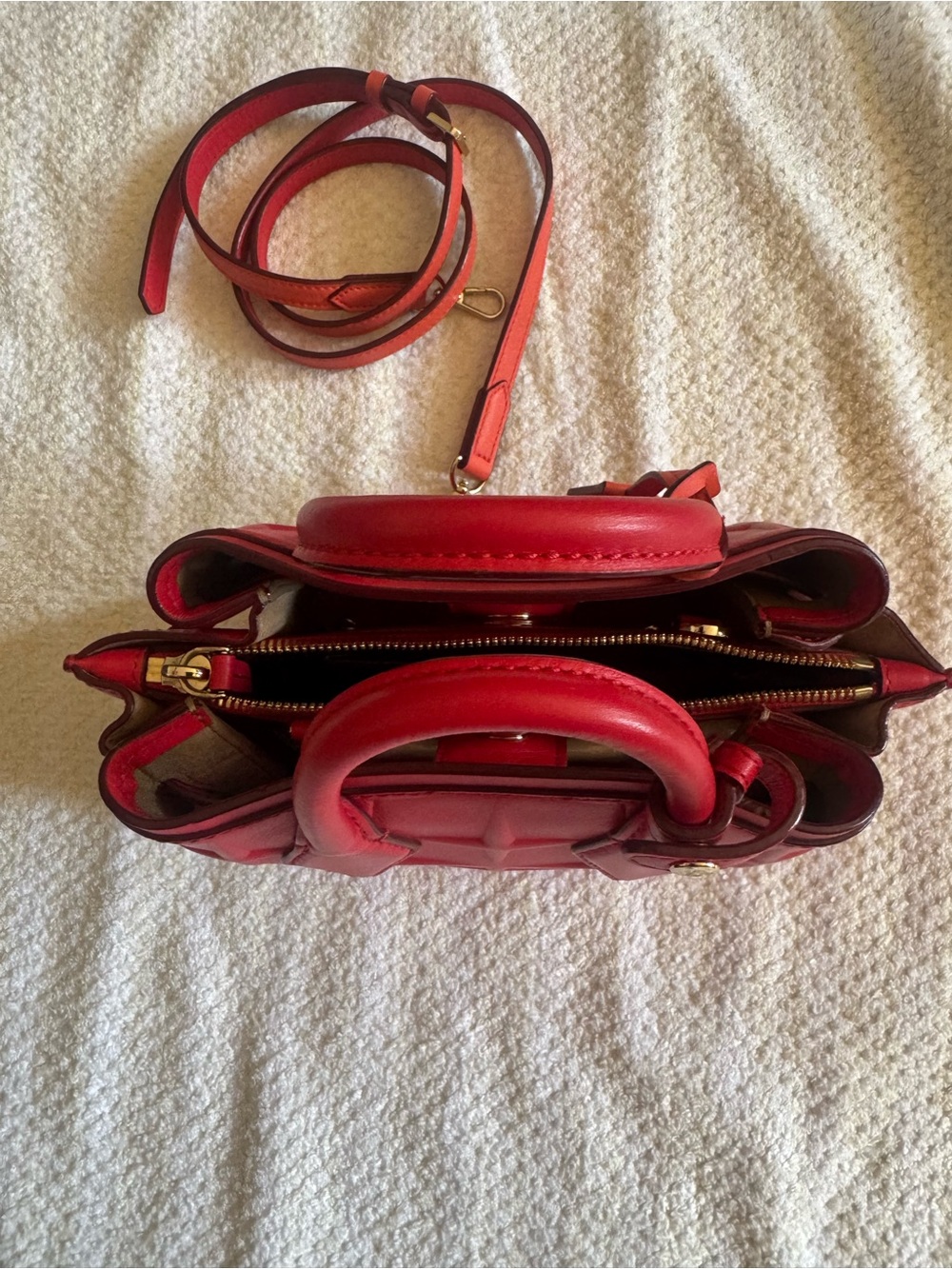 MCM Red Quilted Crossbody Satchel with Gold Accent - Picture 4 of 10